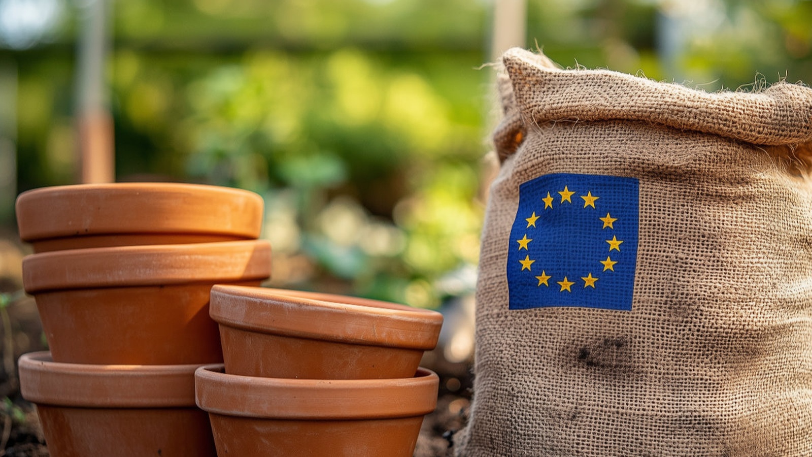 
                        
                            Leere Pflanztöpfe in einem Garten mit einem Sack Gartenerde
                        
                        