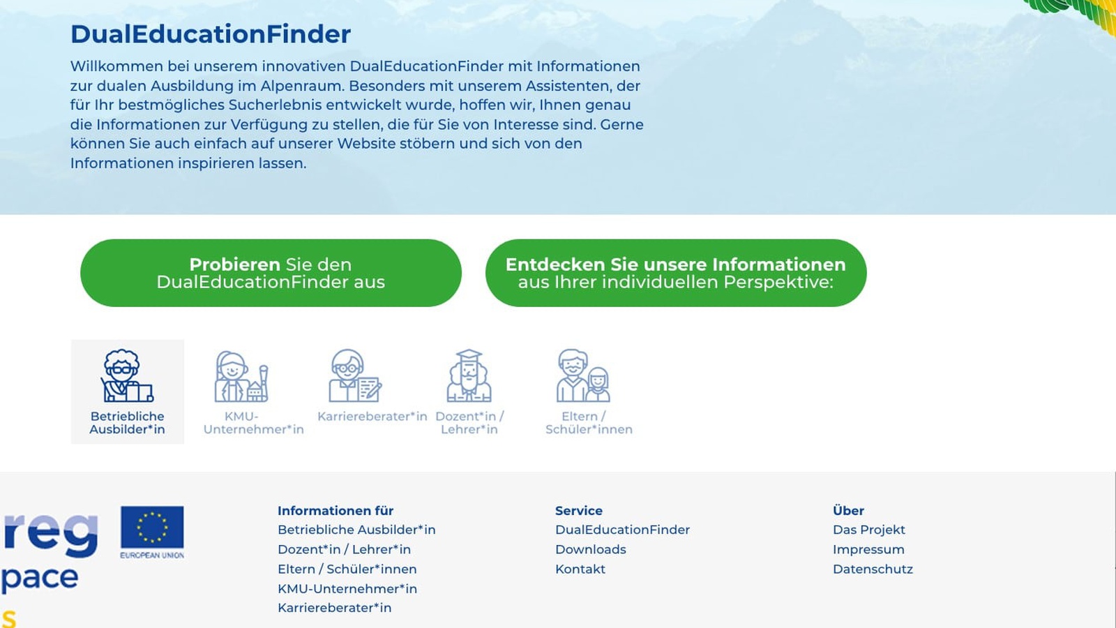 Auf dem DualEducationFinder erhalten Nutzer*innen Antworten auf ausgewählte Fragen rund um die duale Ausbildung, basierend auf umfangreichen Informationen aus allen Alpenländern.