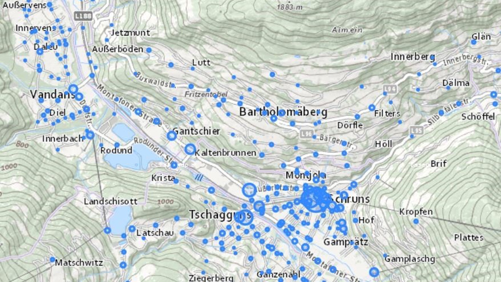 Jede Fahrt des Anruf-Sammeltaxis wird aufgezeichnet. Je größer der abgebildete Kreis, desto mehr Personen sind an diesem Ort ein- oder ausgestiegen.